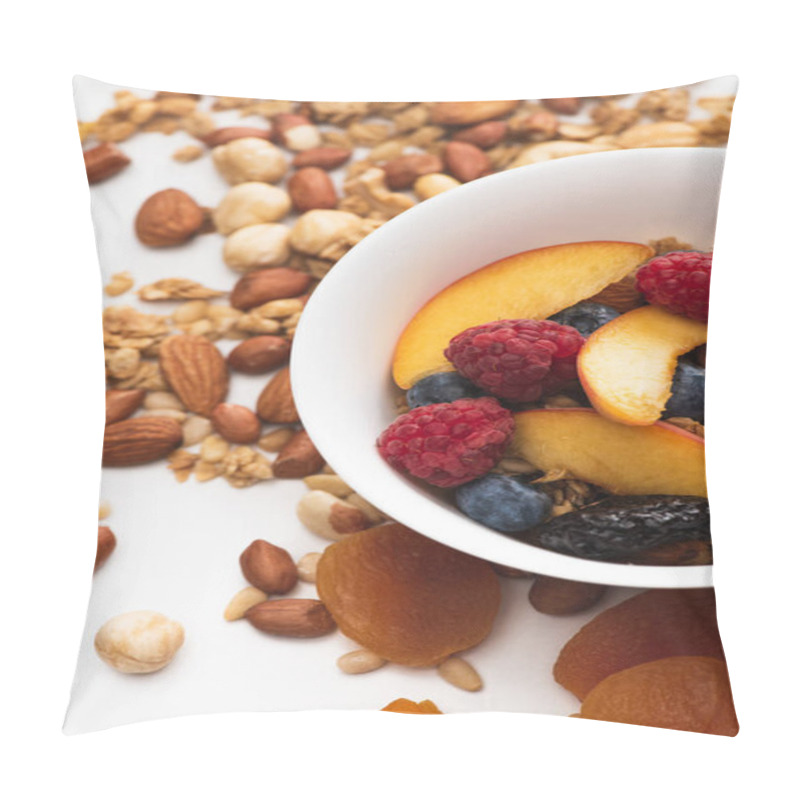 Personality  Delicious Granola With Nuts, Berries And Fruits In Bowl On White Pillow Covers