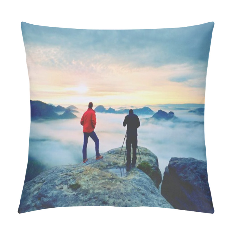 Personality  Photographer  With Eye At Viewfinder Of Camera On Tripod Stay On Cliff And Takes Photos, Talk Friends. Pillow Covers