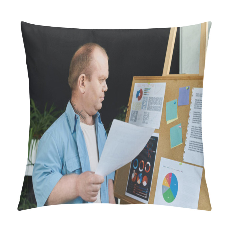 Personality  A Man With Inclusivity Stands Before A Corkboard, Reviewing Charts And Data. Pillow Covers