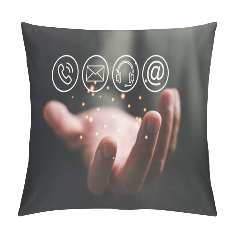 Personality  Contact Us Concept Portrayed By Hand Holding Phone, Mail, And Message Icons. Customer Service Call Center And Feedback Displayed On Banner. Copy Space Available For Communication, Contact And Feedback Pillow Covers