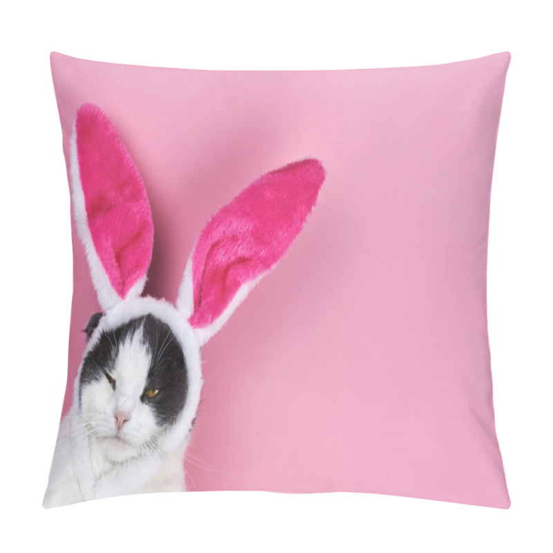 Personality  Funny Serious Cat With Rabbit Ears On A Pink Background. Pillow Covers