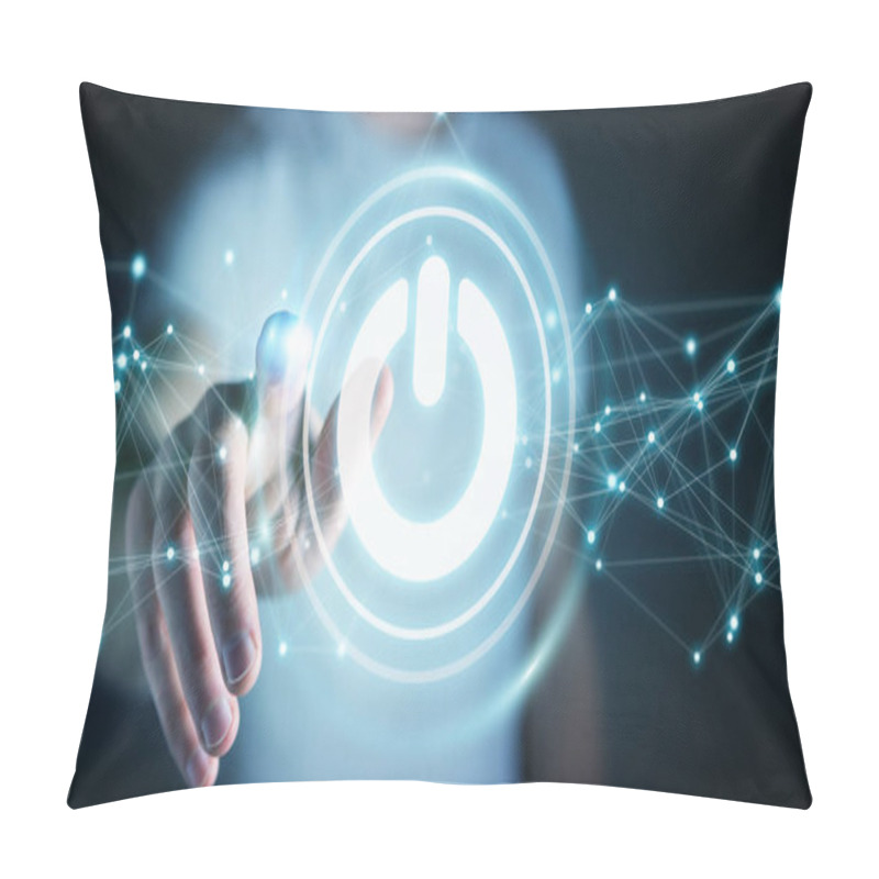 Personality  Businessman On Blurred Background Using 3D Render Power Button With Connections Pillow Covers