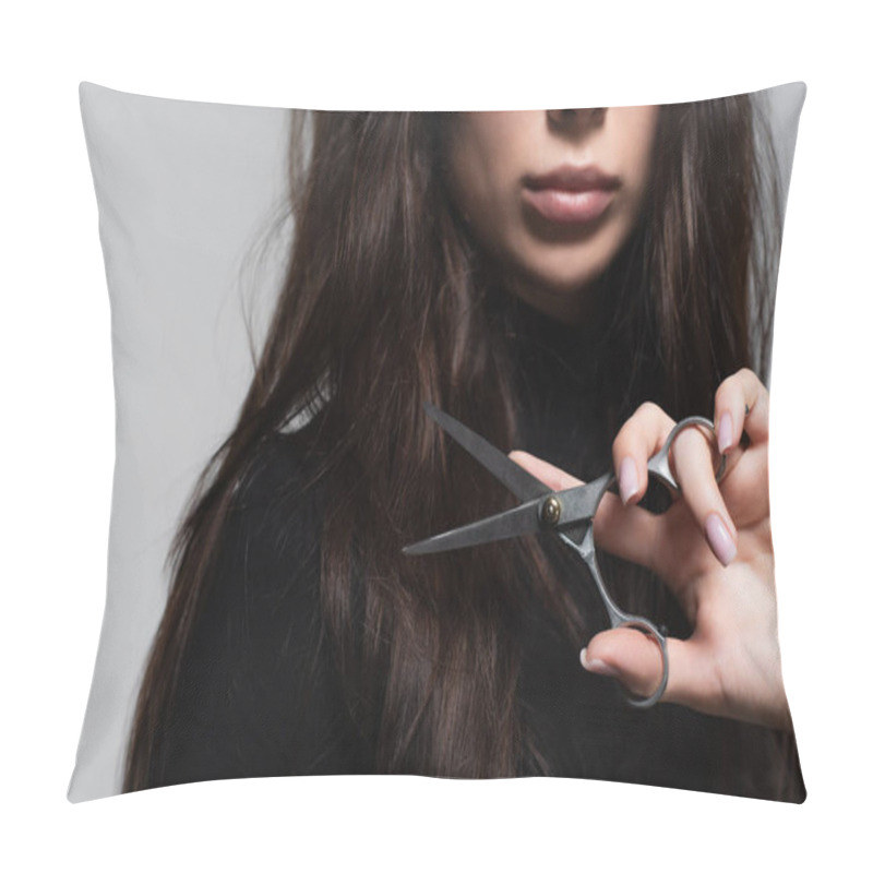 Personality  Cropped View Of Young Woman In Black Turtleneck Holding Scissors Near Long Hair Isolated On Grey Pillow Covers