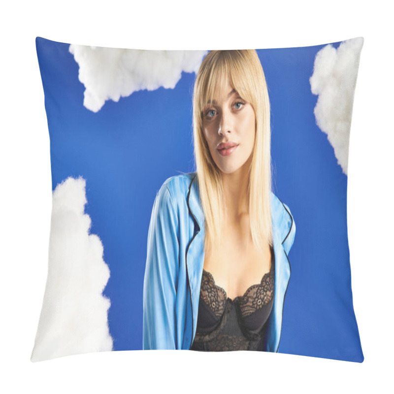 Personality  A Blonde Woman In Lingerie Poses Gracefully Amidst Fluffy Clouds Against A Blue Sky Backdrop. Pillow Covers