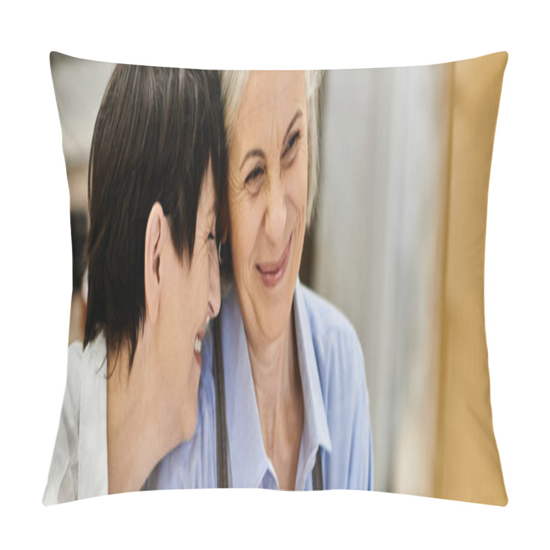 Personality  A Mature Lesbian Couple Shares A Moment Of Laughter During A Pottery Session. Pillow Covers