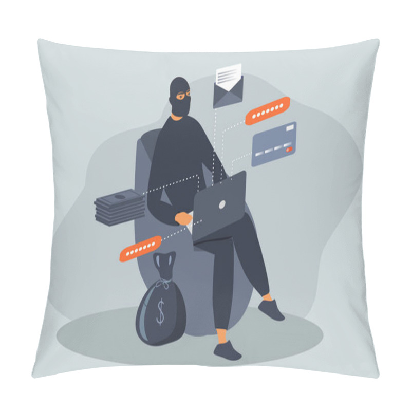 Personality  Vector Flat Style Illustration On The Theme Of Cyber Security, Internet Fraud, Identity Theft. A Scammer Sits At A Laptop And Steals Other People's Money, Passwords And Personal Data. Pillow Covers