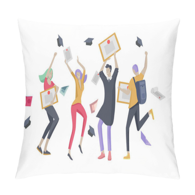 Personality  Group Smiling Graduates People In Graduation Gowns Holding Diplomas And Happy Jumping. Vector Illustration Concept Graduation Ceremony Cartoon Pillow Covers