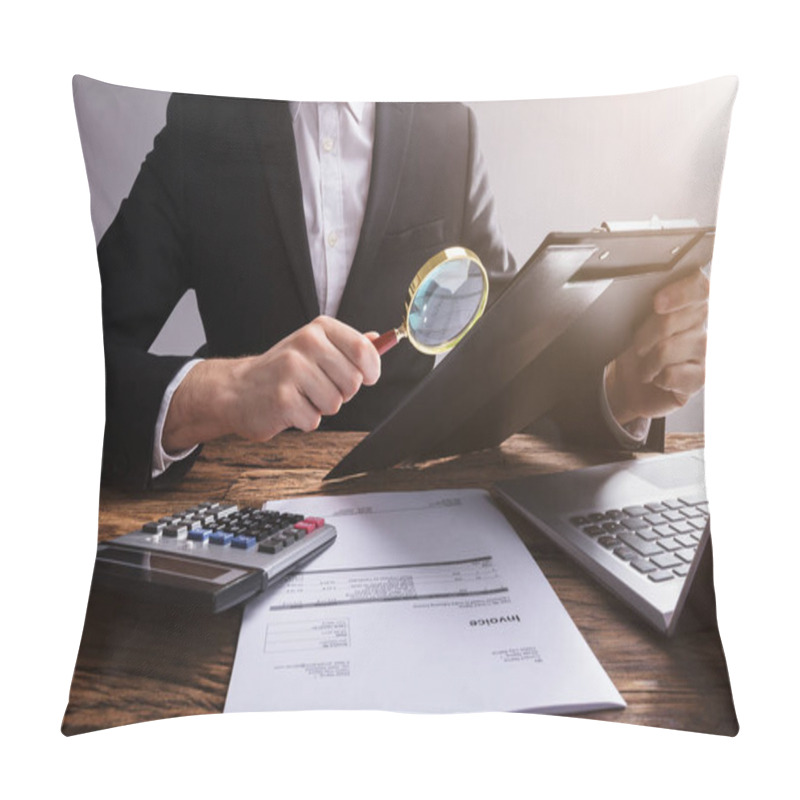 Personality  Businessperson Analyzing Document On Clipboard With Magnifying Glass Over Wooden Desk At Workplace Pillow Covers