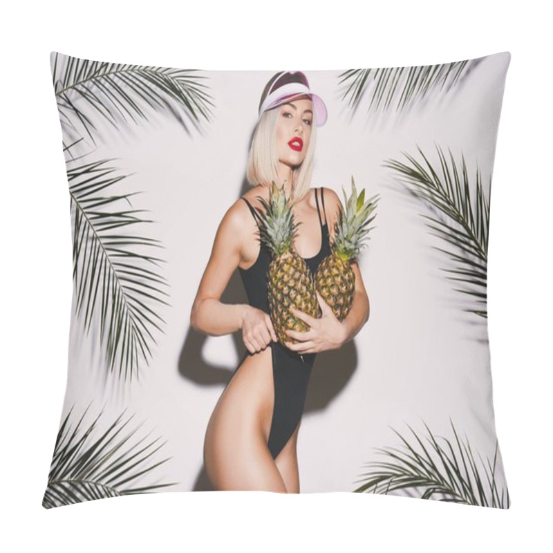 Personality  Lovely Girl With Blonde Hair Wearing Black Swimming Suit And Pink Cap Standing With Pineapples At White Studio Background With Palms, Sexy Model Pillow Covers