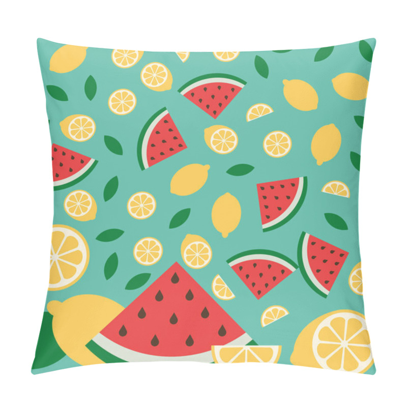 Personality  Watermelon And Lemon Citrus Vector Fun Pattern. Fruits On Green Mint Background Pillow Covers