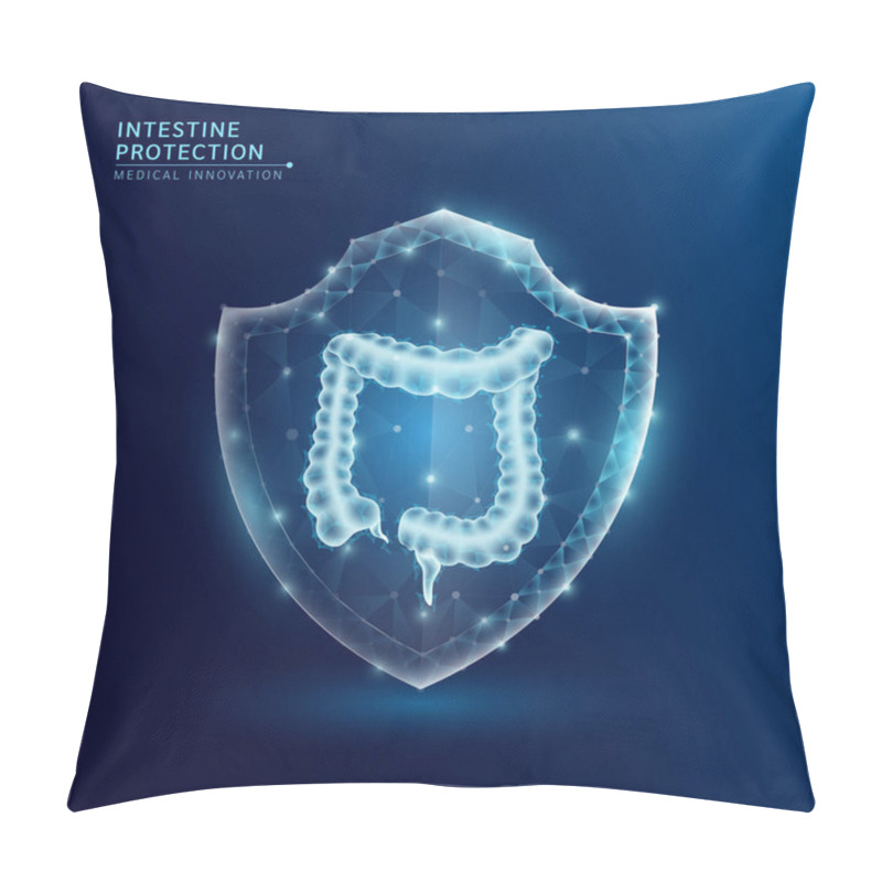 Personality  Human Intestine Anatomy Organ Translucent Low Poly Triangle Inside Shield Futuristic Glowing. On Dark Blue Background. Immunity Protection Medical Innovation Concept. Vector EPS10. Pillow Covers