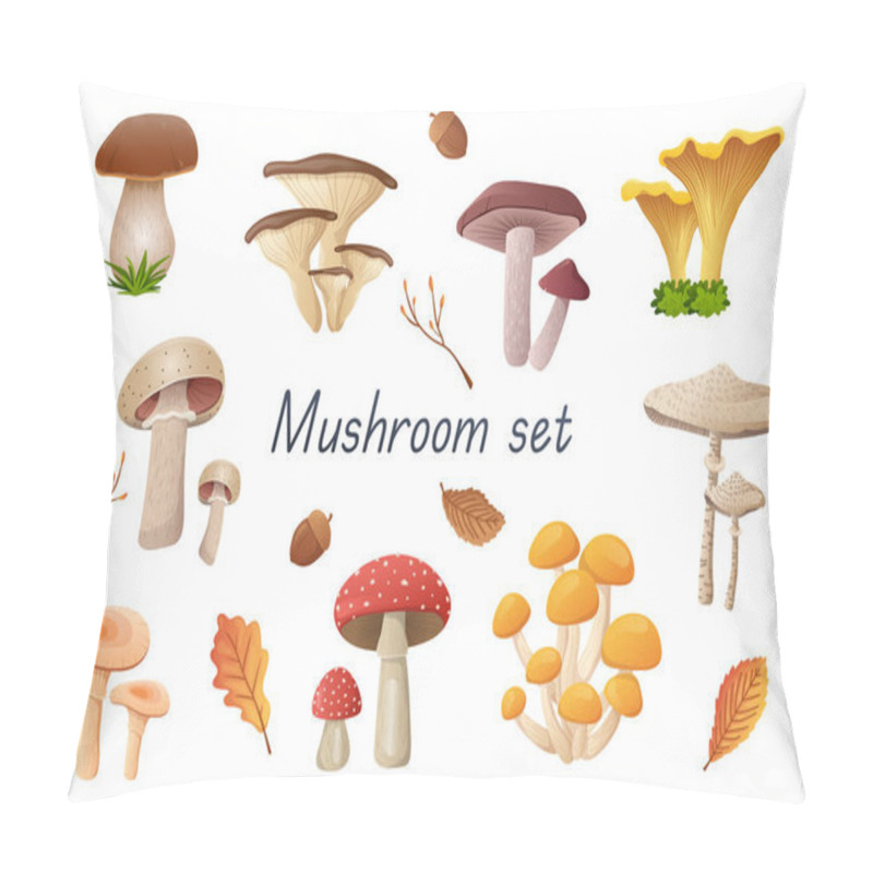 Personality  Mushrooms 3d Realistic Set. Bundle Of Cep, Russula, Golden Chanterelle, Champignon, Boletus, Fly Agaric, Oyster Mushrooms And Other Edible Or Non-edible Fungus Isolated Elements.Vector Illustration Pillow Covers