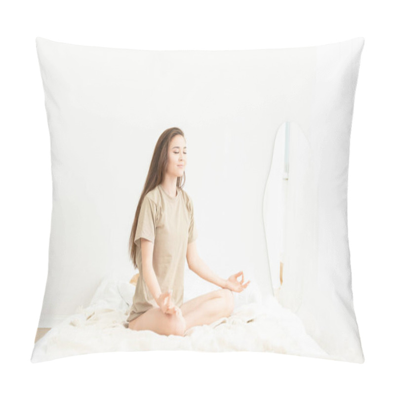 Personality  Girl Meditating In Lotus Pose Right After Waking Up In The Morning On A Bed In A Bright Room. The Concept Of Having The Right Mindset For The Day Ahead. Pillow Covers