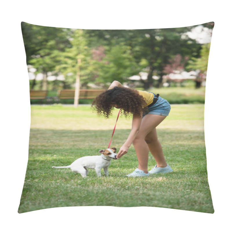 Personality  Selective Focus Of Young Woman Feeding Jack Russell Terrier Dog Pillow Covers