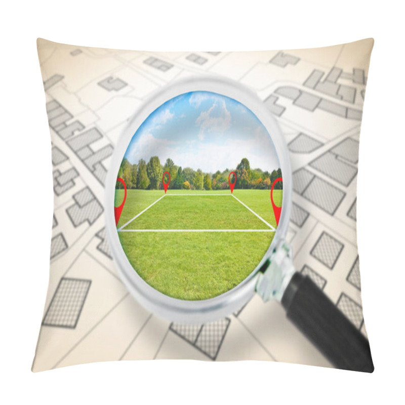 Personality  Land Management With An Imaginary Cadastral Map Of Territory With A Vacant Land Available For Sale Or Building Construction - Concept Seen Through A Magnifying Glass  Pillow Covers