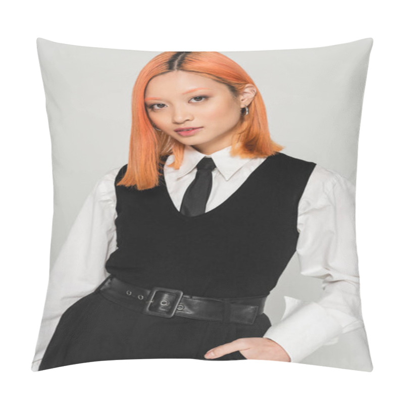 Personality  Beautiful And Trendy Asian Woman With Dyed Red Hair, In White Shirt, Black Tie, Vest And Pants Holding Hand In Pocket And Looking At Camera On Grey Background, Business Casual, Youth Culture Pillow Covers