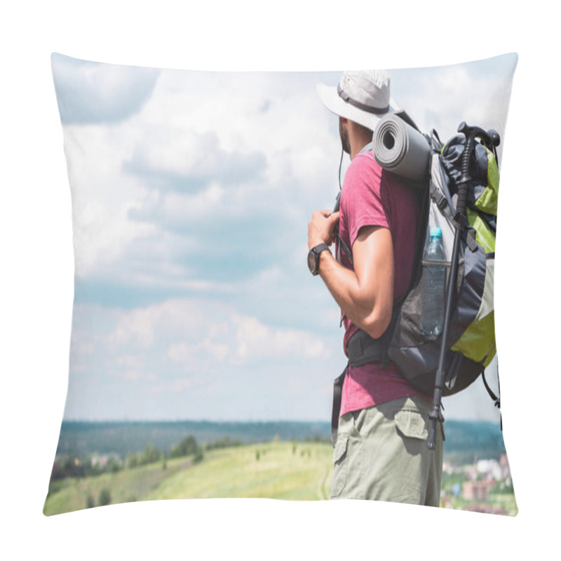 Personality  Male Traveler In Hat With Backpack And Tourist Mat Looking At Summer Meadow Pillow Covers