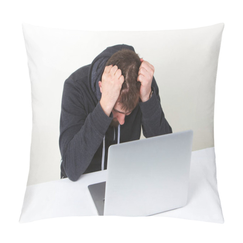 Personality  The Programmer Worried. Works Behind The Laptop. Isolated, One Person On A White Background. Pillow Covers