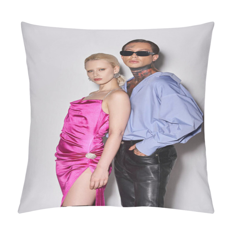 Personality  Stylish Couple In Trendy Party Attire Posing Together On Grey Backdrop, New Year 2024 Concept Pillow Covers