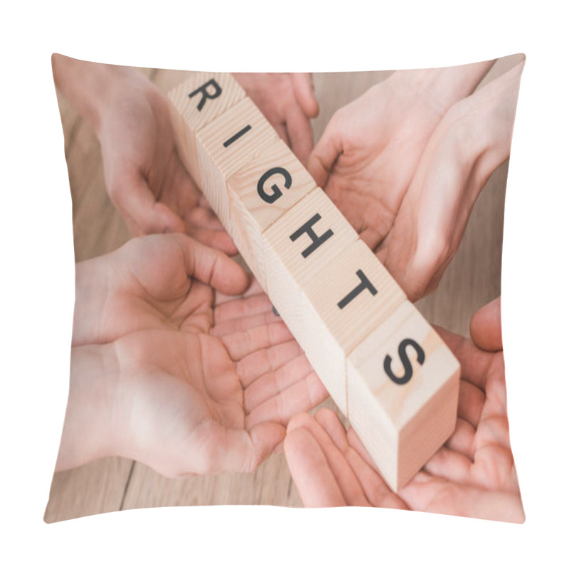 Personality  Cropped View Of Group Holding Wooden Cubes With Rights Lettering  Pillow Covers