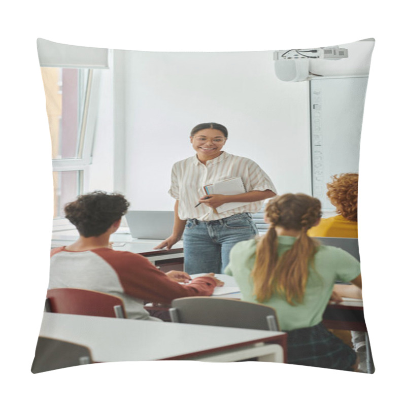 Personality  Young Smiling African American Teacher With Notebook Talking To Pupils During Lesson In Class Pillow Covers