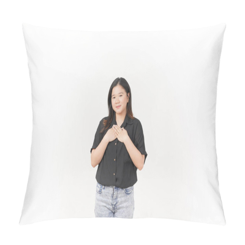 Personality  Beautiful Asian Woman Places Her Hand Gently On Her Chest, Expressing Sincerity Or Gratitude, Against A White Background Pillow Covers