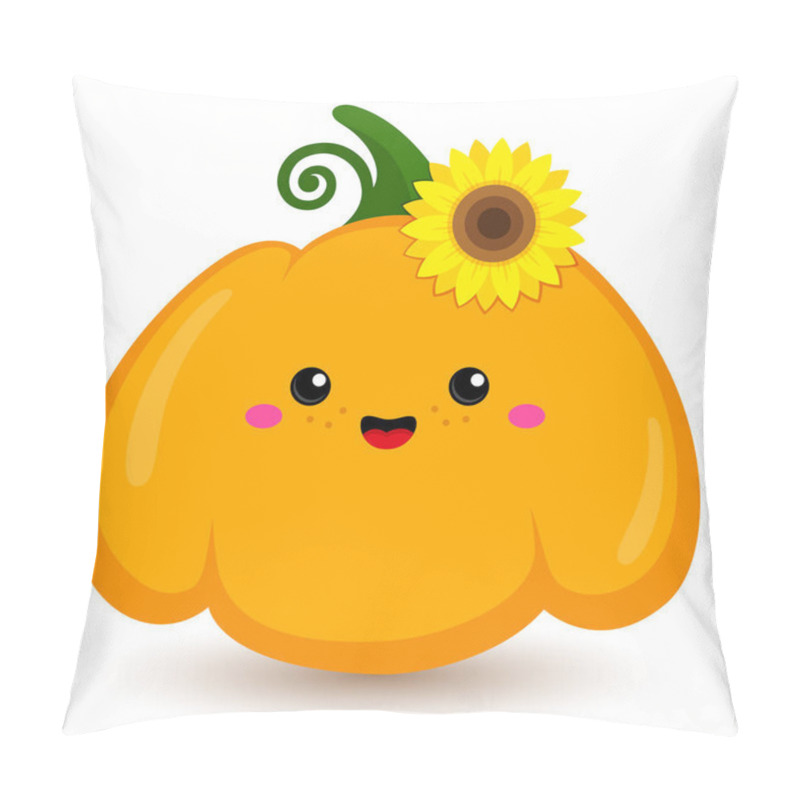 Personality  Kawaii Pumpkin With Sunflower. For Thanksgiving Day. Cute Vector Illustration. Cartoon Style. For Stickers, Prints, Postcards. Autumn Symbol. Smiling Funny Vegetable. Isolated On White Background. Pillow Covers