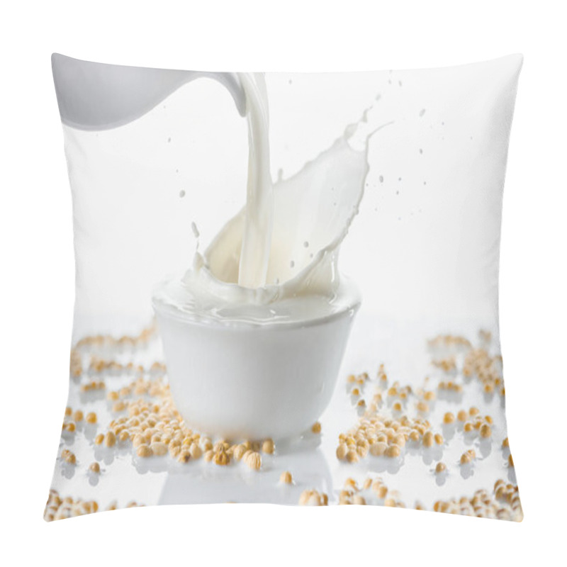 Personality  Milk Splashing From Jug In Bowl With Soybeans On White Background Pillow Covers