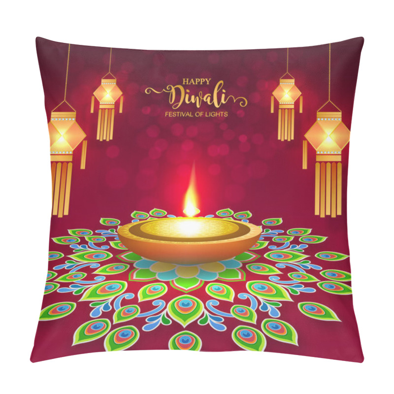 Personality  Happy Diwali Festival Card With Gold Diya Patterned And Crystals On Paper Color Background. Pillow Covers