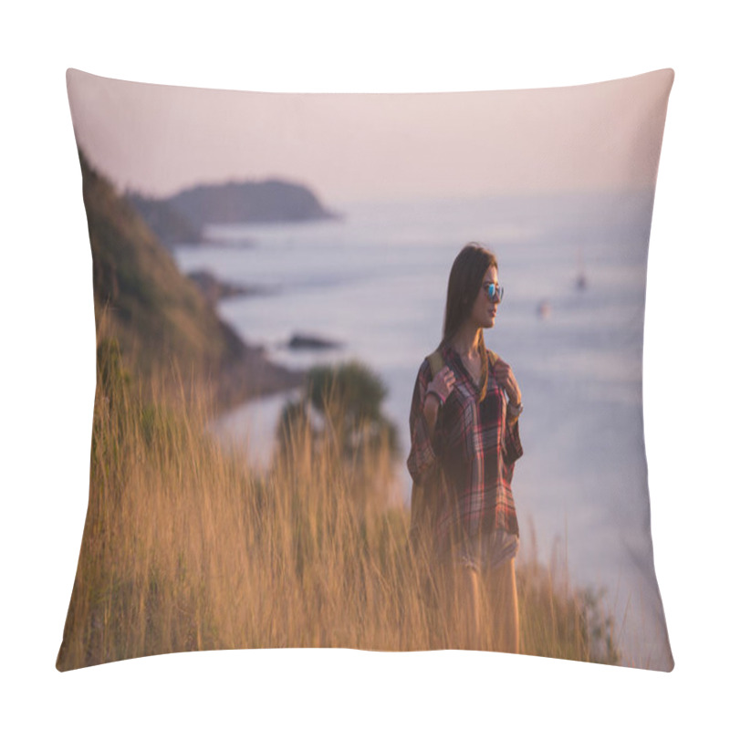 Personality  Summer Sunny Lifestyle Fashion Portrait Of Young Stylish Hipster Woman Walking In Mountains, Wearing Cute Trendy Outfit, Smiling Enjoy Weekends, Travel With Backpack. Awesome Ocean View On A Pillow Covers