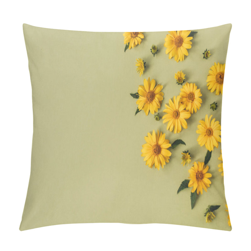 Personality  Flat Lay Yellow Daisy Flower Buds. Top View. Pillow Covers