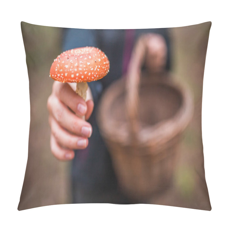 Personality  Female Holding Amanita Muscaria Mushroom, Commonly Known As The Fly Agaric Or Fly Amanita, Is A Basidiomycete Of The Genus Amanita. Pillow Covers