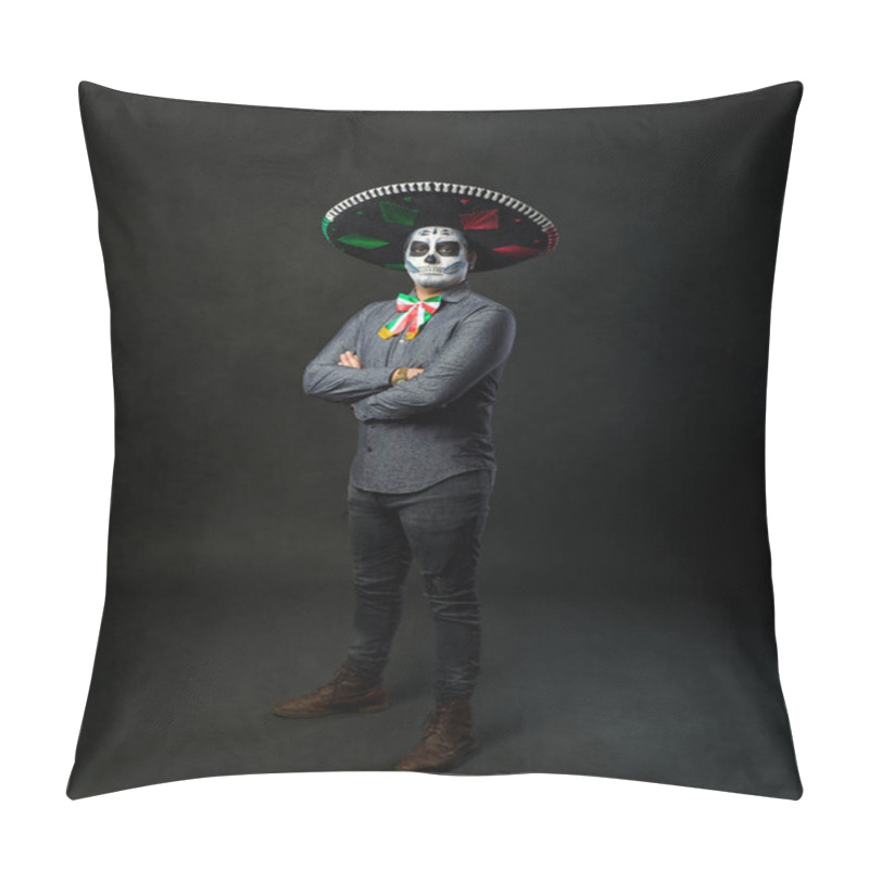 Personality  Portrait Of A Catrin Wearing A Charro Hat. Typical Mexican Character. Day Of The Dead And Halloween Make Up. Pillow Covers