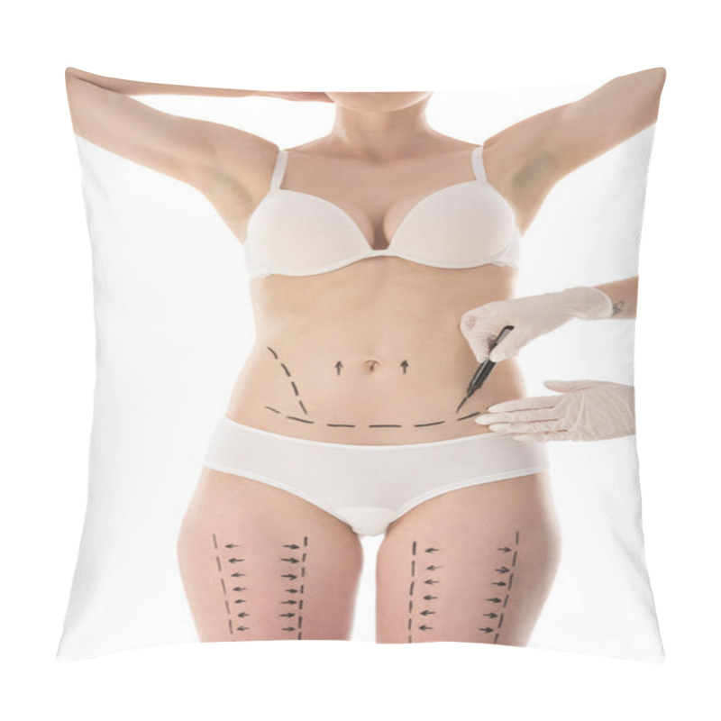 Personality  Partial View Of Plastic Surgeon In Latex Gloves Making Marks On Body Isolated On White Pillow Covers