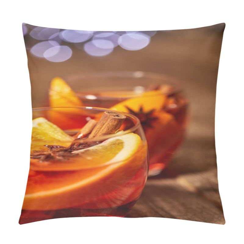 Personality  Close Up View Of Hot Mulled Wine Drinks With Spices And Orange Pieces On Wooden Tabletop With Blurred Bokeh Lights On Backdrop Pillow Covers