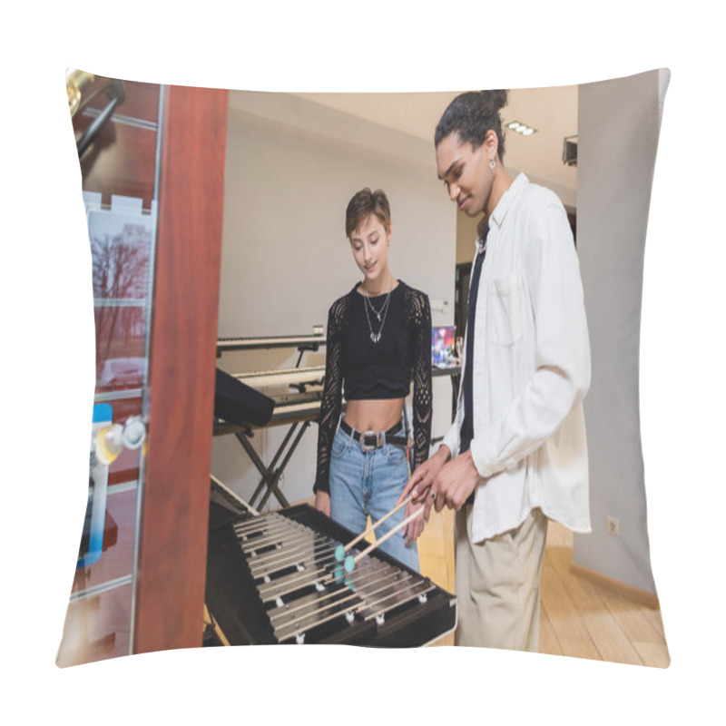 Personality  African American Seller Playing Xylophone Near Customer In Music Store Pillow Covers