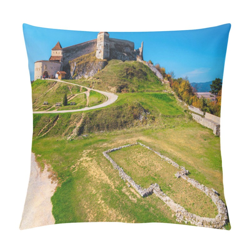 Personality  Well Known Excursion And Touristic Place. Medieval Rasnov Fortress With Ancient Ruins On The Top Of Mountain, Near Brasov, Transylvania, Romania, Europe Pillow Covers