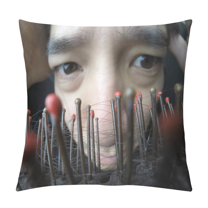 Personality  Close Up Hairloss On Comb. Asian Man With Worry Expression In The Background Pillow Covers