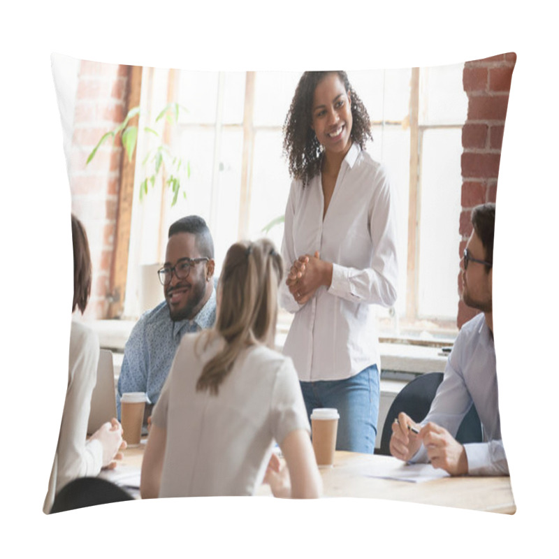 Personality  Diverse Company Staff At Modern Conference Room Before Seminar Pillow Covers