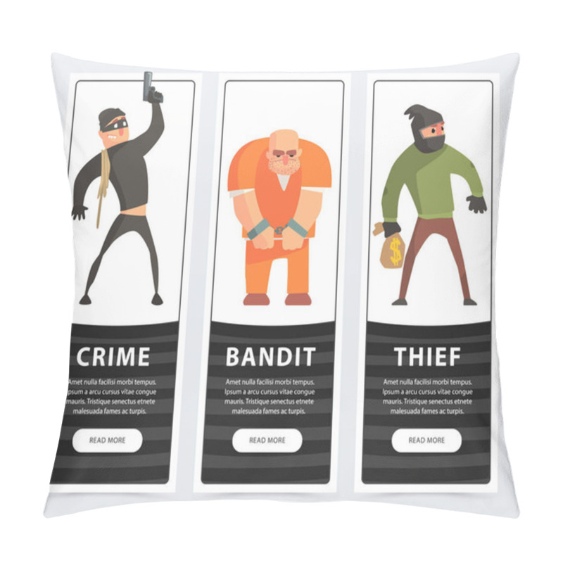 Personality  Crime, Bandit, Thief, Criminal And Convict Banners Cartoon Vector Elements For Website Or Mobile App Pillow Covers