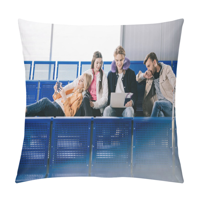 Personality  Friends Using Laptop While Waiting For Flight In Airport Terminal Pillow Covers