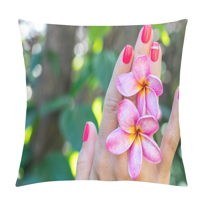 Personality  Plumeria Frangipani Flower In Woman Hand On A Beautiful Nature Background Pillow Covers