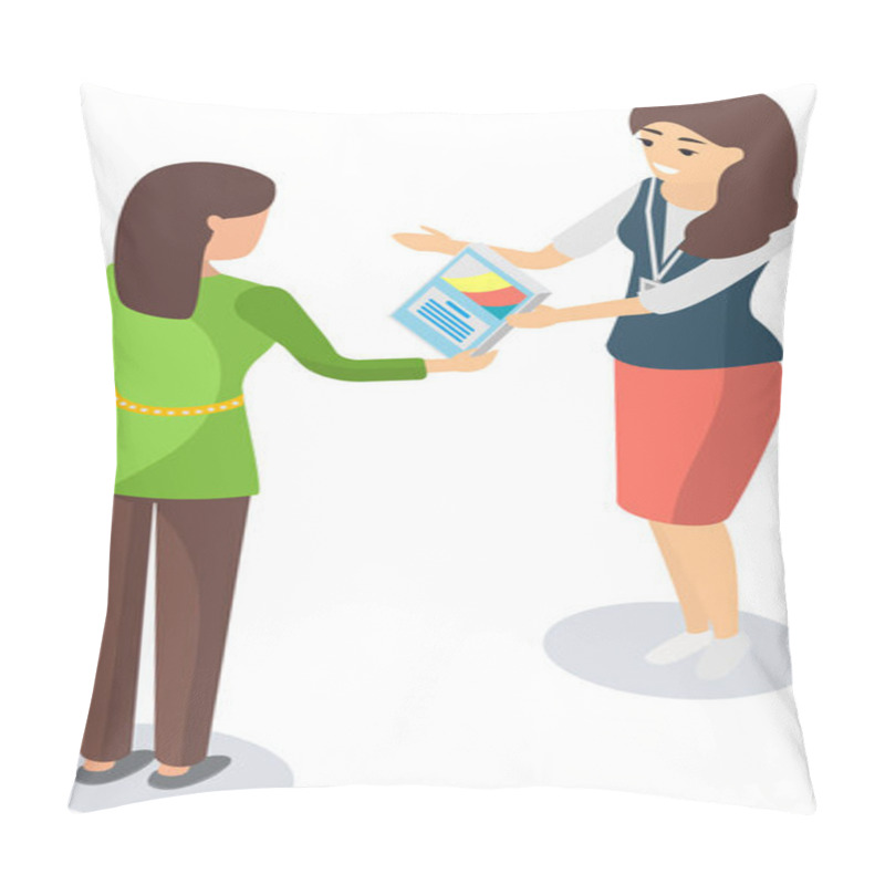 Personality  Female Promoter Is Giving Leaflet Flier With Advertisement To Woman. Leafleting, Advertising Concept Pillow Covers