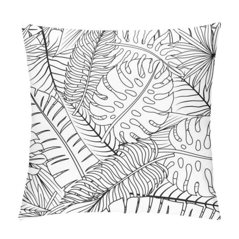 Personality  Seamless Pattern With Contour Lines Of Tropical Leaves On A White Background. Pillow Covers