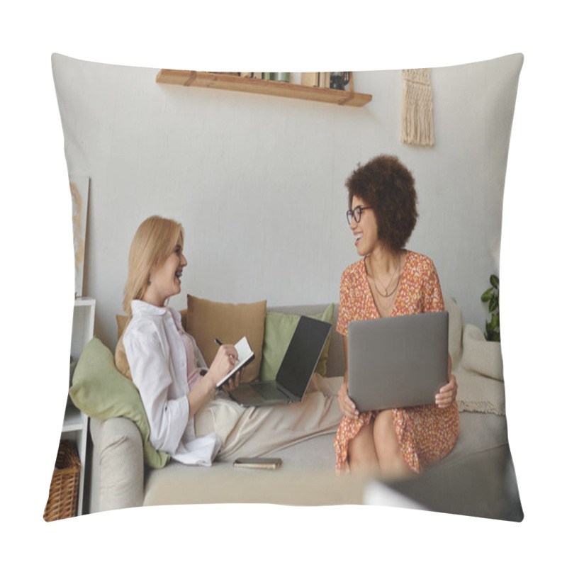 Personality  Two Women, A Lesbian Couple, Work Remotely From Their Home, Laughing And Enjoying Each Others Company. Pillow Covers