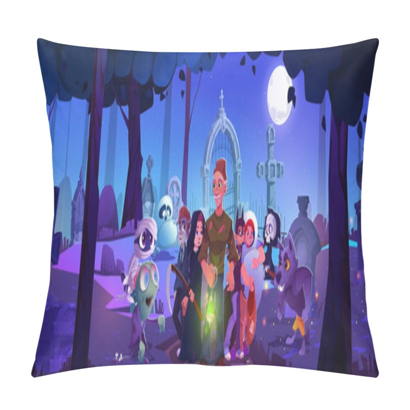 Personality  Kid Boys In Halloween Costumes And Male Cemetery Keeper With Magic Green Light Lamp Standing On Graveyard With Tombstones And Cross Surrounded By Scary Zombie, Ghosts And Werewolf. Cartoon Vector. Pillow Covers