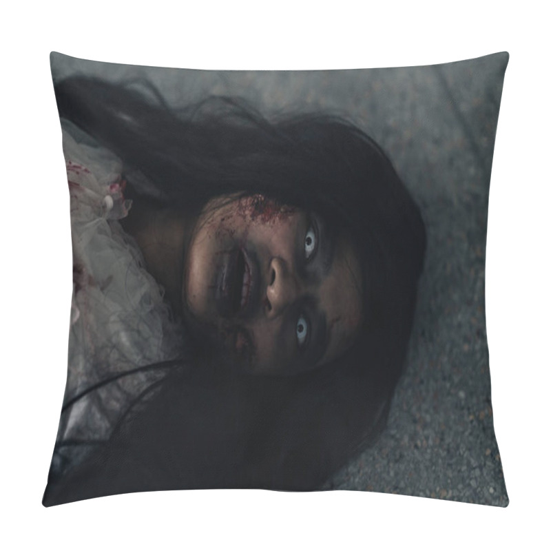 Personality  Close Up Face Horror Of Ghost Woman Death Halloween Festival In The Dark House Nightmare Screaming On Hell Is Monster Devil Or Female Dead Characters At Night Evil Dressing Spirit Theme Terror Film. Pillow Covers