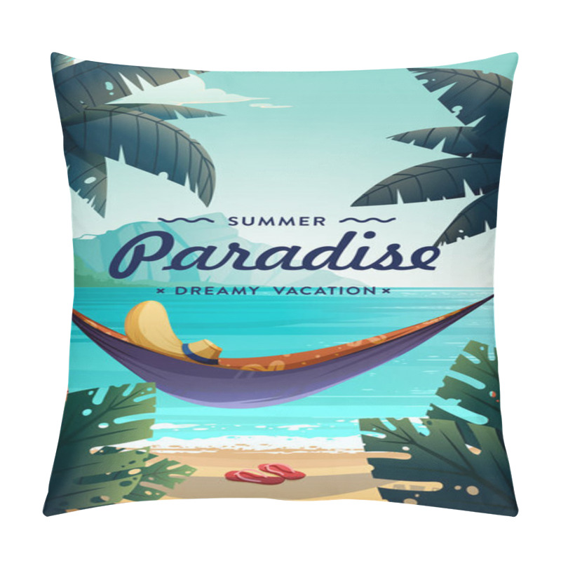 Personality  Tropical Paradise Poster. Seaside View With A Hammock And Palms. Summer Vacation Concept Background. Vector.  Pillow Covers