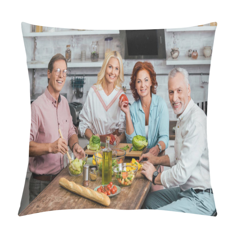 Personality  Smiling Mature Friends Preparing Salad For Dinner At Home Pillow Covers