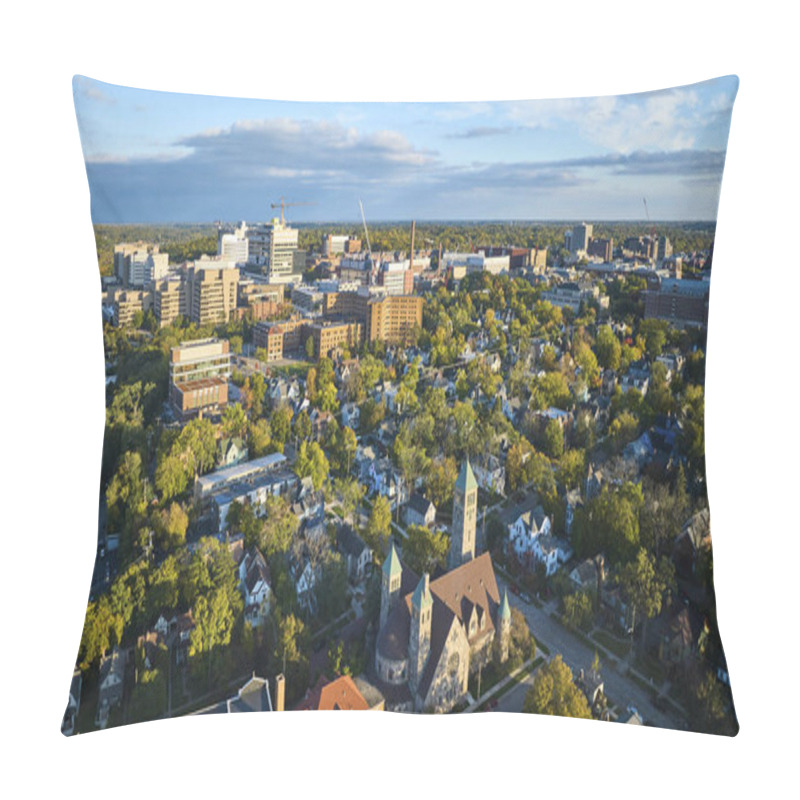 Personality  Golden Hour Aerial View Of Historic Church Amid Residential Neighborhood Transitioning Into Bustling Commercial Area In Ann Arbor, Michigan Pillow Covers